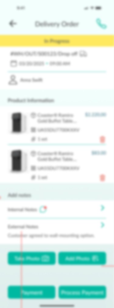 ARC app — a delivery order with product lines, notes and payment