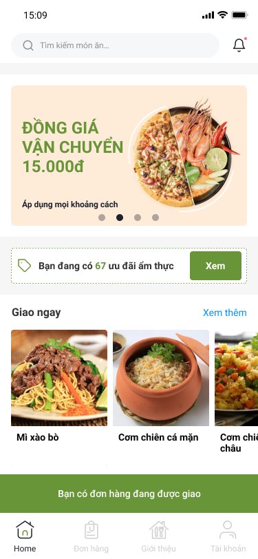Như Nhiên app — home screen with the food menu and delivery banner